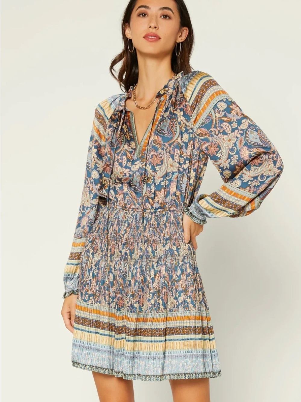 Current Air Bohemian Paisley Floral Printed‎ Pleated Long Sleeve Mini Dress